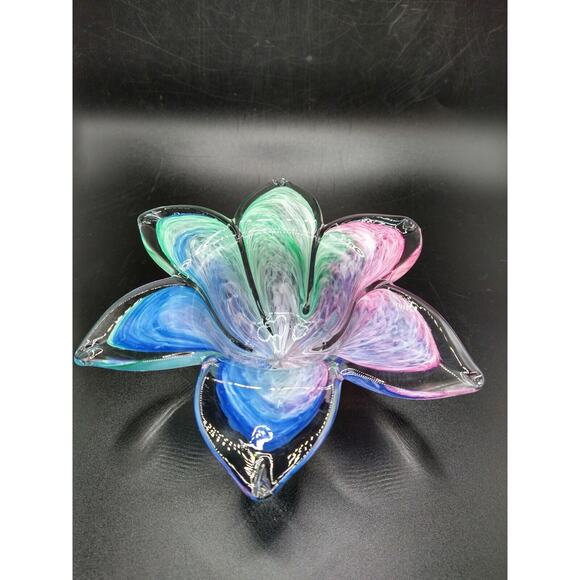 Art Glass Star Flower Votive Dish, Pastel Swirl Colors, Clear Rim – Murano Style - Picture 3 of 10